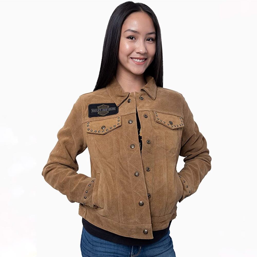 Harley Davidson Gauges Leather Jacket‎ Tan Suede Winged Logo Sz 26-28 Women's